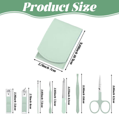 7Pcs Nail Cleaning Kit Professional Travel Nail Clippers with Green Leather Bag, Stainless Steel Manicure Kitcare Tools Grooming for Women Men