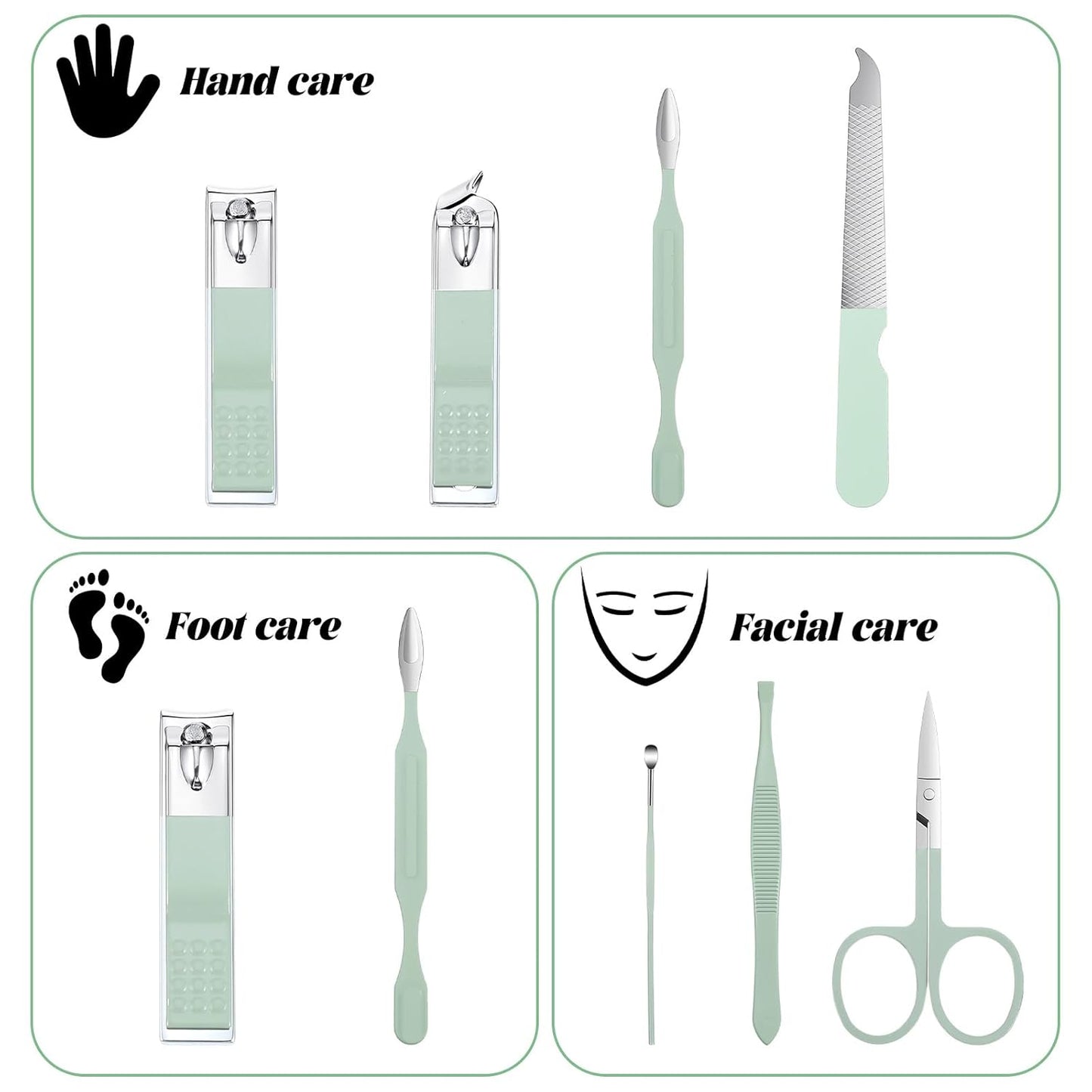 7Pcs Nail Cleaning Kit Professional Travel Nail Clippers with Green Leather Bag, Stainless Steel Manicure Kitcare Tools Grooming for Women Men