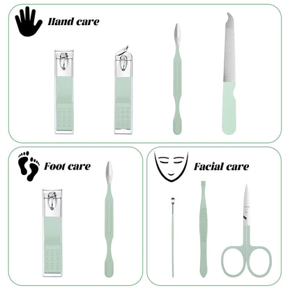 7Pcs Nail Cleaning Kit Professional Travel Nail Clippers with Green Leather Bag, Stainless Steel Manicure Kitcare Tools Grooming for Women Men