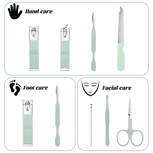 Mint manicure kit tools laid out in compartments