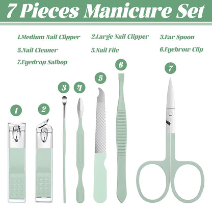 7Pcs Nail Cleaning Kit Professional Travel Nail Clippers with Green Leather Bag, Stainless Steel Manicure Kitcare Tools Grooming for Women Men