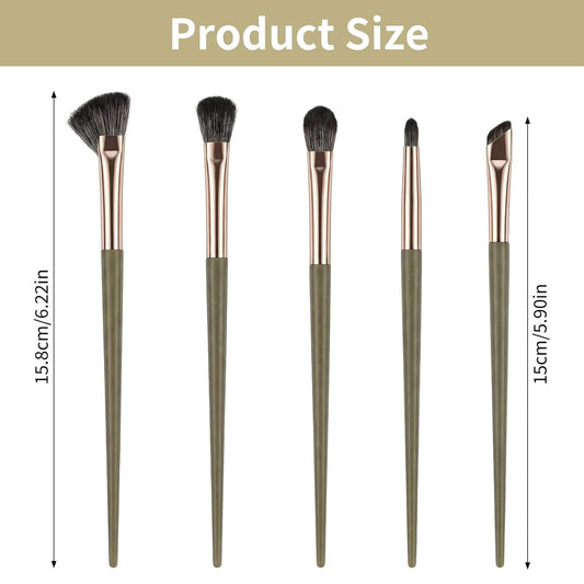 Eye makeup brush set of 5 with dark bristles, olive handles, and gold ferrules