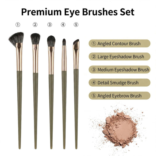 Five-piece eye shadow brush set with angled and tapered tips; olive handles