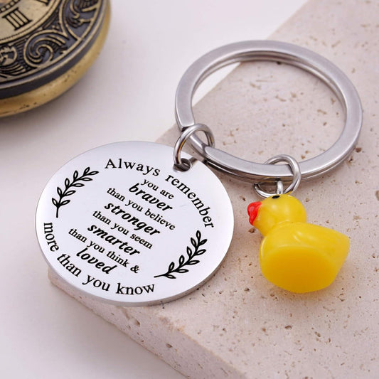 Yellow duck keychain with round message charm on a silver keyring