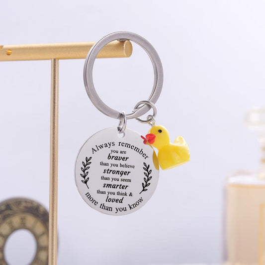 Yellow duck charm keychain with round quote tag on a silver keyring