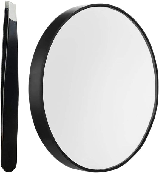Round magnifying makeup mirror with black rim and clear reflective glass