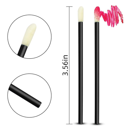 Disposable lip brushes with white foam tips on black handles, set with size guide