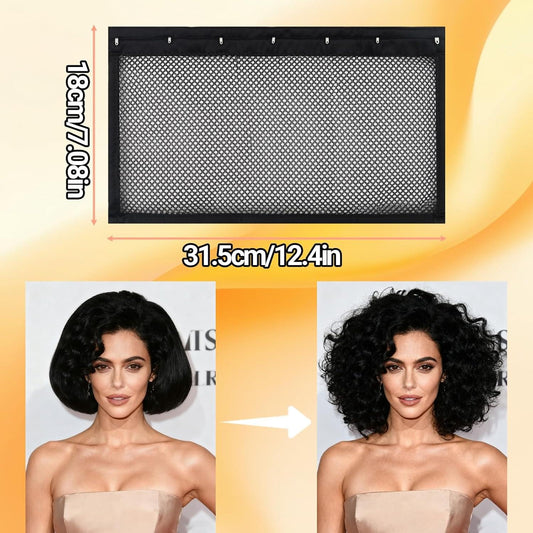 Black hair stretcher net with mesh panel and row of metal hook tabs
