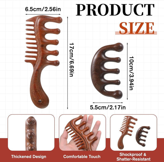 Wood scalp massager comb set with handle, wide and fine-tooth combs