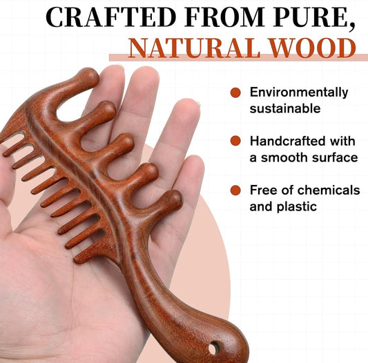 Wood scalp massager comb in dark brown with rounded teeth and curved handle