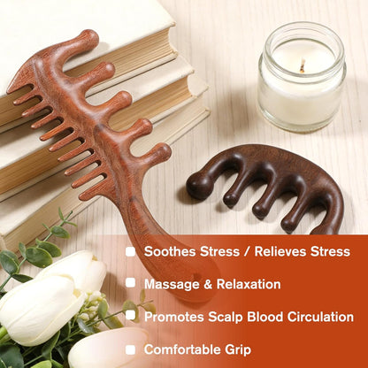 Vin Beauty 2 Pcs Wooden Scalp Massager Comb, Wood Scalp Massager 2 in 1 Wide Fine Tooth with Handle for Hair Growth for Curls Women Men Detangles Long Thick Wet Dry Head Anti-Static Care Relief