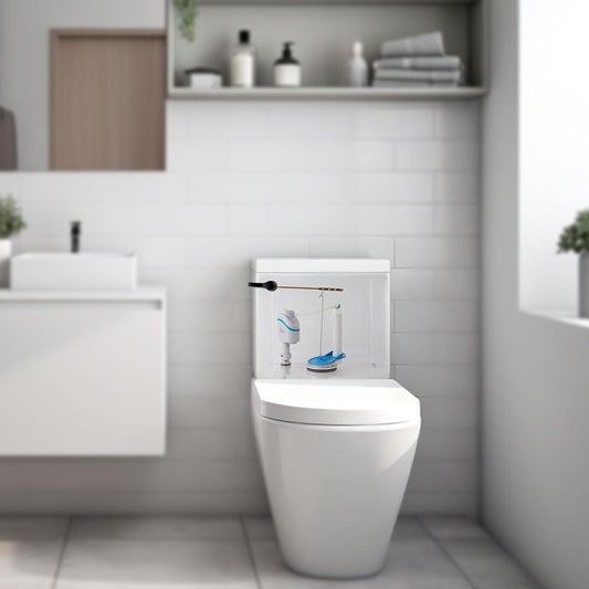 Toilet with blue flapper replacement installed in the tank