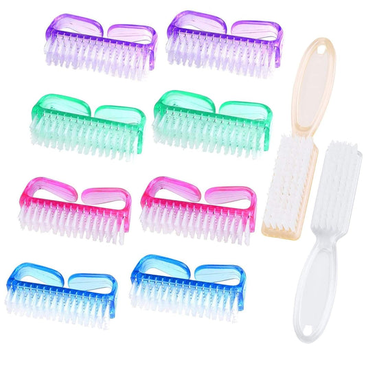 Nail cleaning brush set with clear plastic handle grips and white bristles, multicolor pack