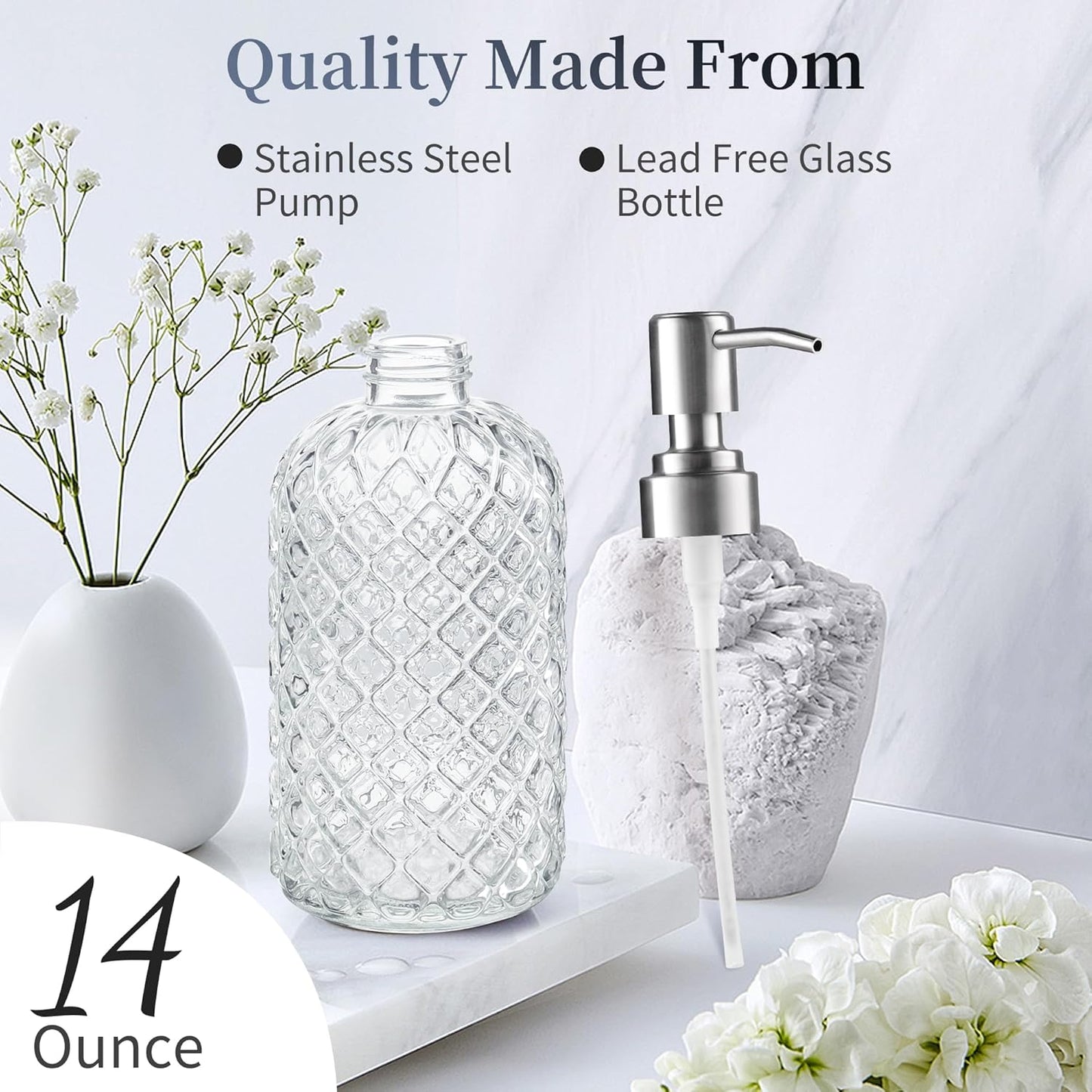 14 Oz Refillable Glass Soap Dispenser with Rust Proof Stainless Steel Pump, for Dispense Hand soap, Body wash, Lotion