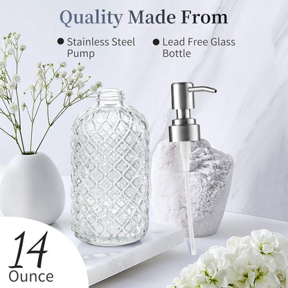 14 Oz Refillable Glass Soap Dispenser with Rust Proof Stainless Steel Pump, for Dispense Hand soap, Body wash, Lotion