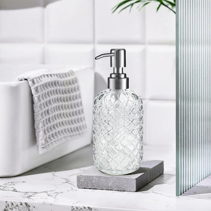 14 Oz Refillable Glass Soap Dispenser with Rust Proof Stainless Steel Pump, for Dispense Hand soap, Body wash, Lotion