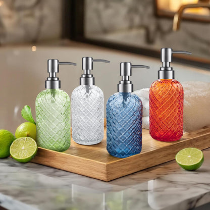 14 Oz Refillable Glass Soap Dispenser with Rust Proof Stainless Steel Pump, for Dispense Hand soap, Body wash, Lotion