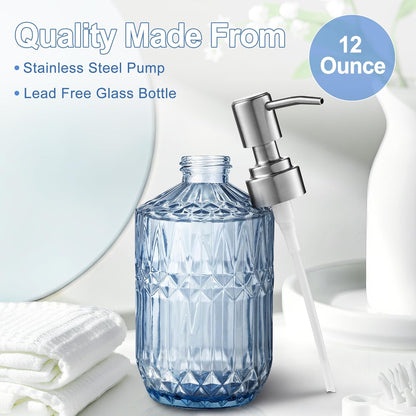 13 Oz Refillable Soap Dispenser, Glass Soap Dispenser for Dispense Hand Soap, Dish Soap, Lotion (Blue)