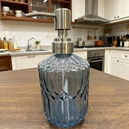 13 Oz Refillable Soap Dispenser, Glass Soap Dispenser for Dispense Hand Soap, Dish Soap, Lotion (Blue)