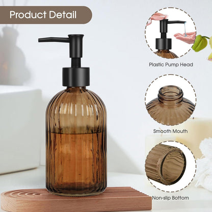 13.5oz Stripe Glass Soap Dispenser with Black Plastic Pump, 400ml Liquid Hand Soap Dispenser, Rustproof Pump for Kitchen & Bathroom, Great for Lotions, Essential Oil, Liquid Soaps-Amber