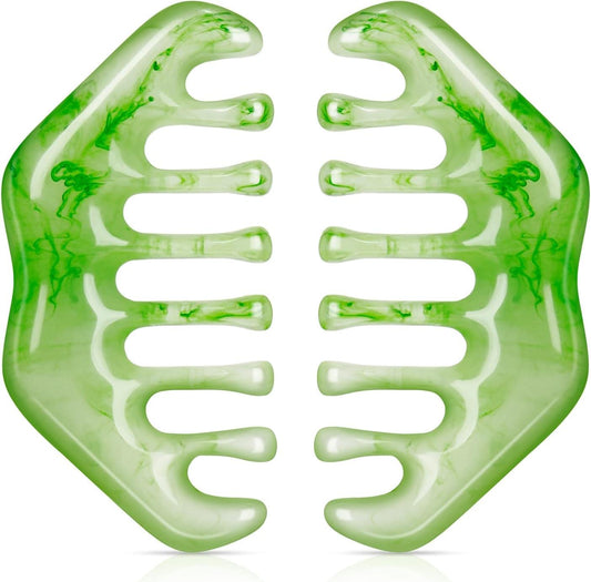 Jade green gua sha scalp comb with curved handle and evenly spaced teeth, 2-pack.