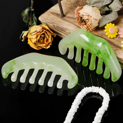 2 Pcs Jade Combs Esthetician Supplies Massage Stone Hair Gua Sha Scraping Scalp Comb Facial Massage Tool Handheld Head Tools Head Caring Therapy Valentines for Women(Elegant Style)