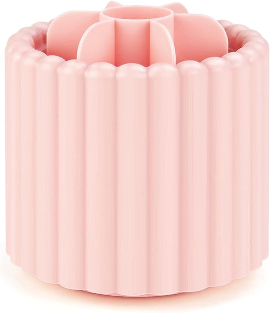 Pink scalloped makeup brush organizer with rotating top