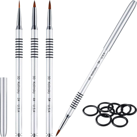 3-piece Kolinsky nail art brush set with silver metal nonslip grip handles