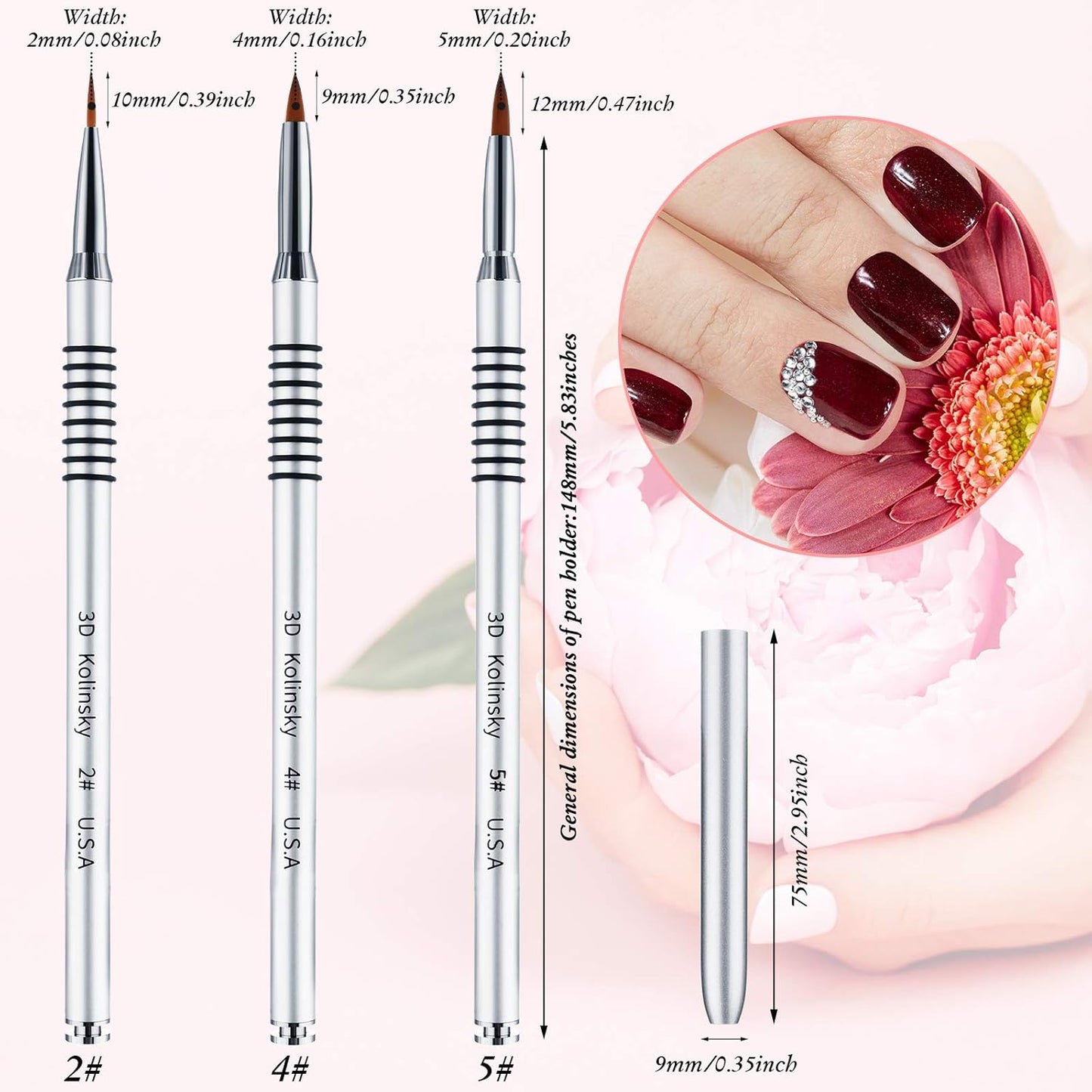 3 Pcs Kolinsky 3D Nail Art Brush Set Size 2/4/5 Acrylic Nail Art Brush with Silver Metal Nonslip Grip Handle Polish Cleaning Manicure Tools for Women Acrylic Sculpture Application