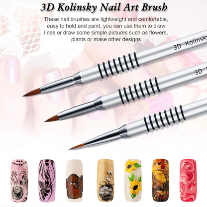 3 Pcs Kolinsky 3D Nail Art Brush Set Size 2/4/5 Acrylic Nail Art Brush with Silver Metal Nonslip Grip Handle Polish Cleaning Manicure Tools for Women Acrylic Sculpture Application