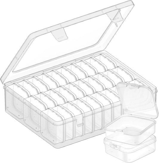 Clear plastic bead organizer box with hinged lid, open to 31 small compartment slots