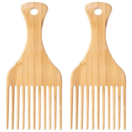 Bamboo hair comb set, two wide-tooth styling combs with handle