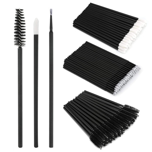 Black disposable mascara and lip wand applicators with bristle brush tips, kit of supplies