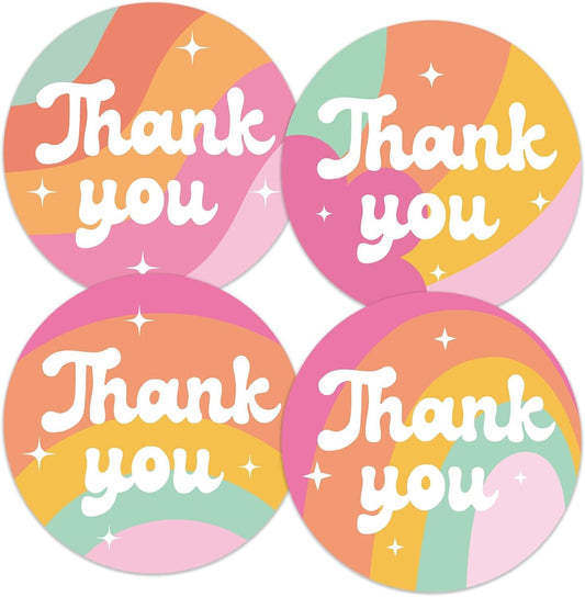 Round “Thank you” sticker set with rainbow stripes and star accents, 4 designs.