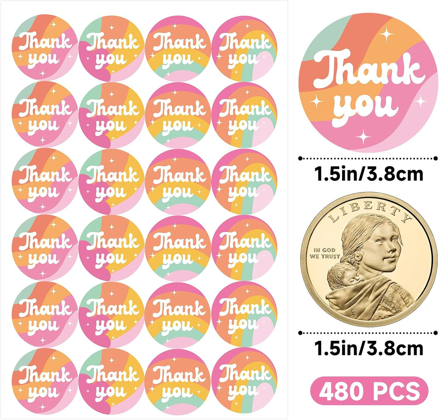 Thank You Stickers - Rainbow Star Thank You Stickers for Small Business 480Pcs 1.5In Thank You Sticker for Packaging Self Adhesive Thank You Party Favor Seal Label Sticker for Card(4 Design)