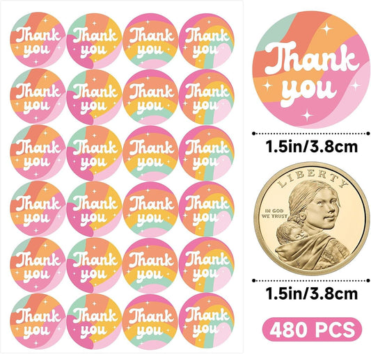 Sheet of small round “Thank you” stickers with rainbow panels and sparkles, 480 pcs.