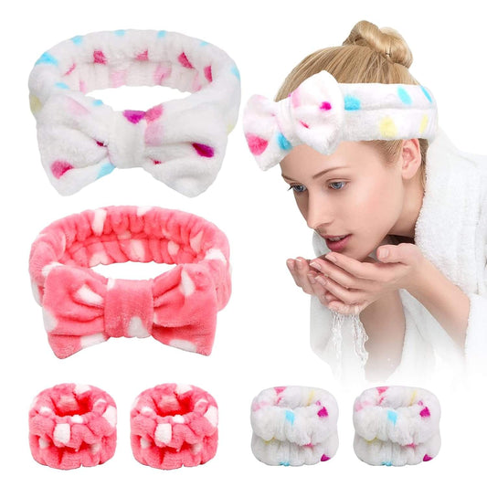 Pink and white plush face wash headband with bow, terry fabric