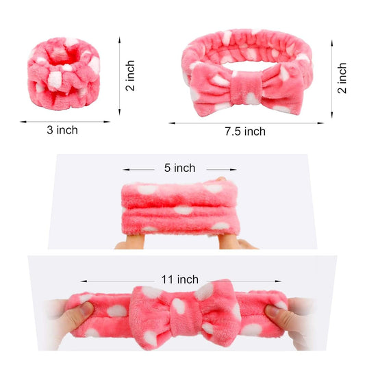 Pink plush face headband set with wide band and small scrunchies, size shown
