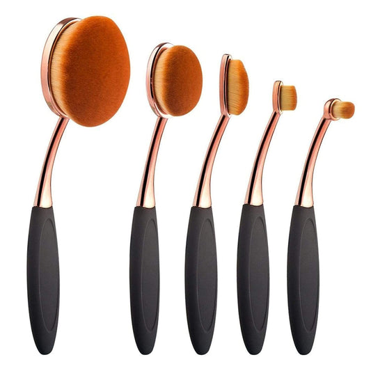 Oval makeup foundation brush set, five rose-gold handles with orange oval bristles