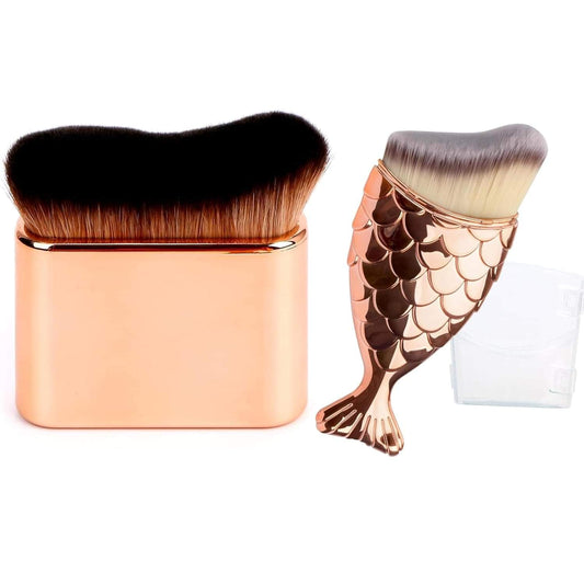 Rose gold self-tanning and sunscreen applicator brush with dense black bristles and cap