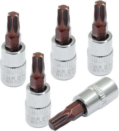 5 Pcs T30 Torx Bit Socket 1/4" Drive S2 Alloy Steel Cr-V Steel Star Socket Torx Bits Set Use with Slide Bar, Ratchet Wrench, Extension Rod, 37mm Length