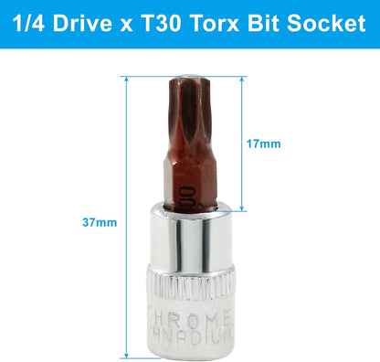 5 Pcs T30 Torx Bit Socket 1/4" Drive S2 Alloy Steel Cr-V Steel Star Socket Torx Bits Set Use with Slide Bar, Ratchet Wrench, Extension Rod, 37mm Length