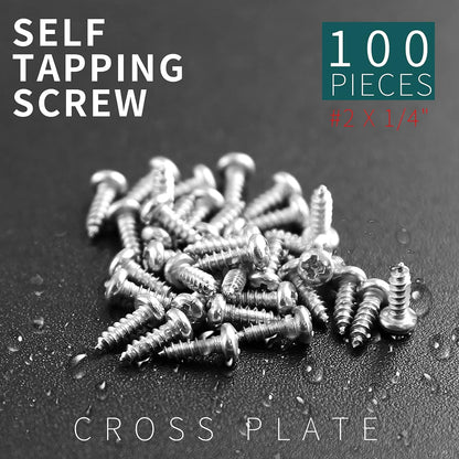 100pcs #2 x 1/4" Pan Head Sheet Metal Screws, Phillips Drive Self-Tapping Screw, Round Head Wood Screw, Full Thread, 304 Stainless Steel 18-8, Bright Finish