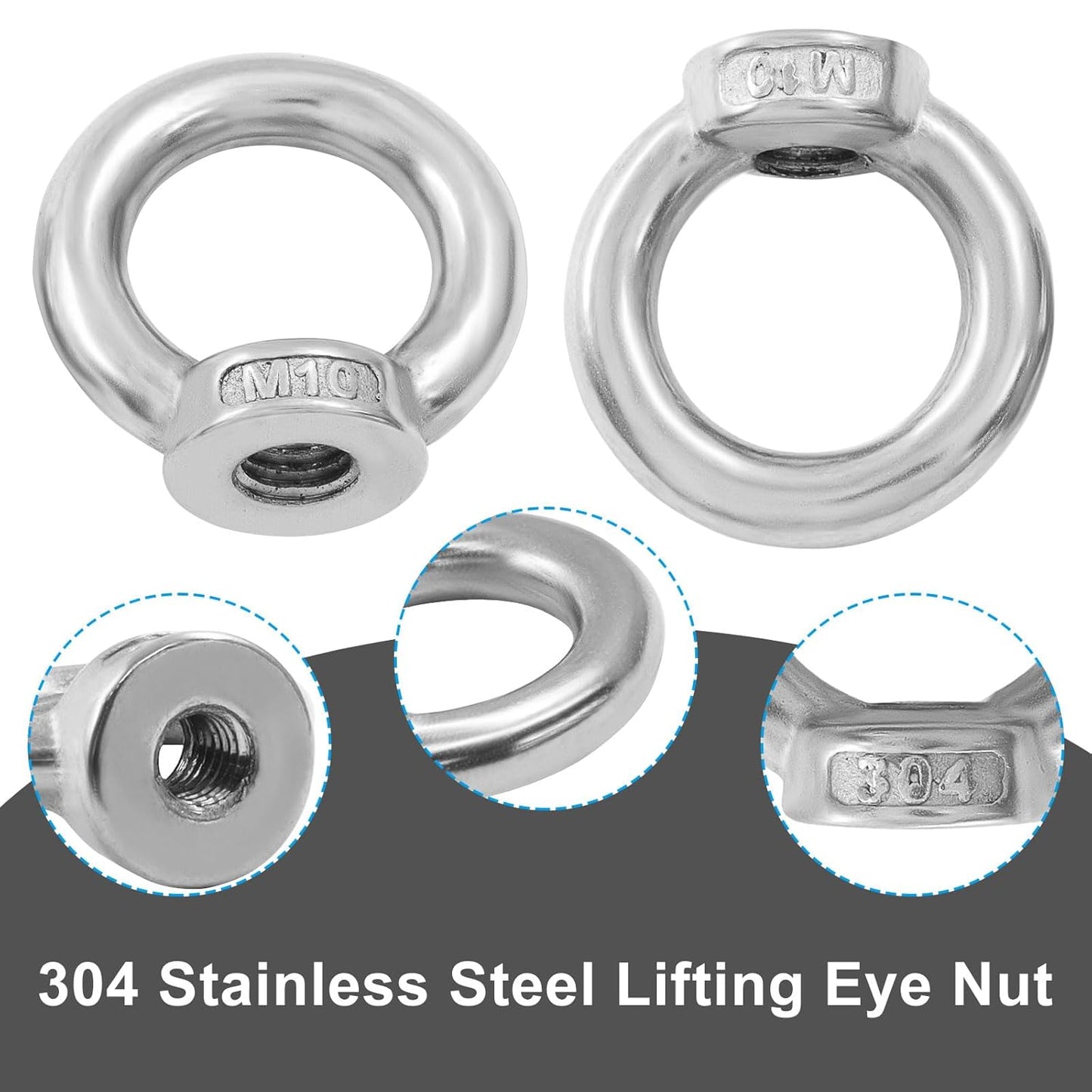 6 Pcs M10 304 Stainless Steel Lifting Eye Nut, 3/8" Metric Ring Shape Nut Threaded Fastener for Boating/Industrial Use