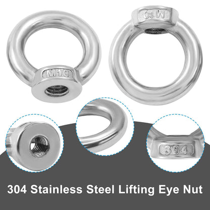 6 Pcs M10 304 Stainless Steel Lifting Eye Nut, 3/8" Metric Ring Shape Nut Threaded Fastener for Boating/Industrial Use