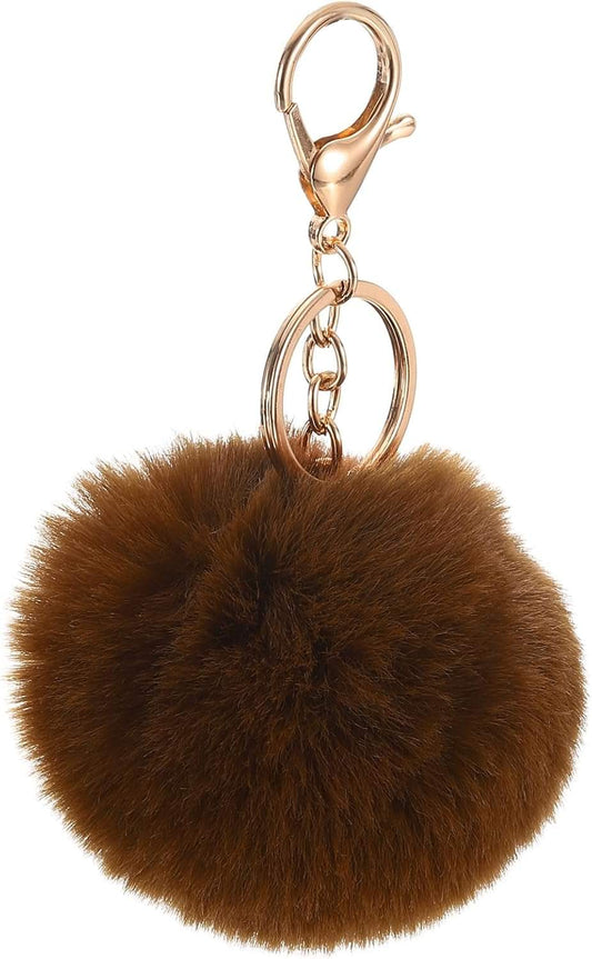 Brown faux fur pom-pom keychain with gold lobster clasp and ring