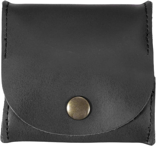 Black leather coin purse with snap button flap and stitched edges