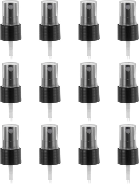 Black fine mist spray top set with clear dip tube and protective cap, 12-pack