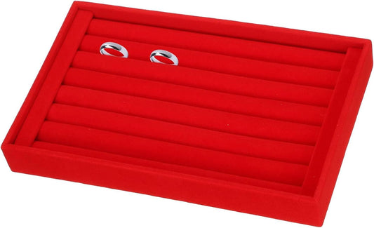 Red velvet ring organizer tray with 7 slots and two rings.