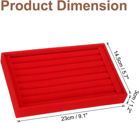 Red velvet 7-slot ring organizer tray with size measurement arrows.
